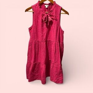 Cute J. Crew pink metallic stripe ruffle tie neck breezy seersucker dress fairy